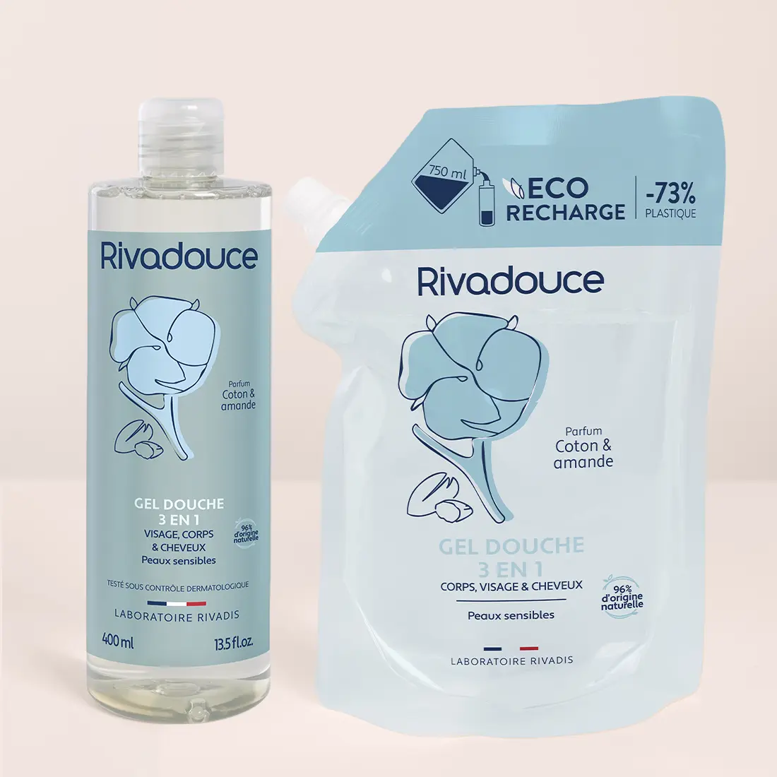 LOT FLACON 400ML + RECHARGE 750ML GEL DOUCHE COTON & AMANDE